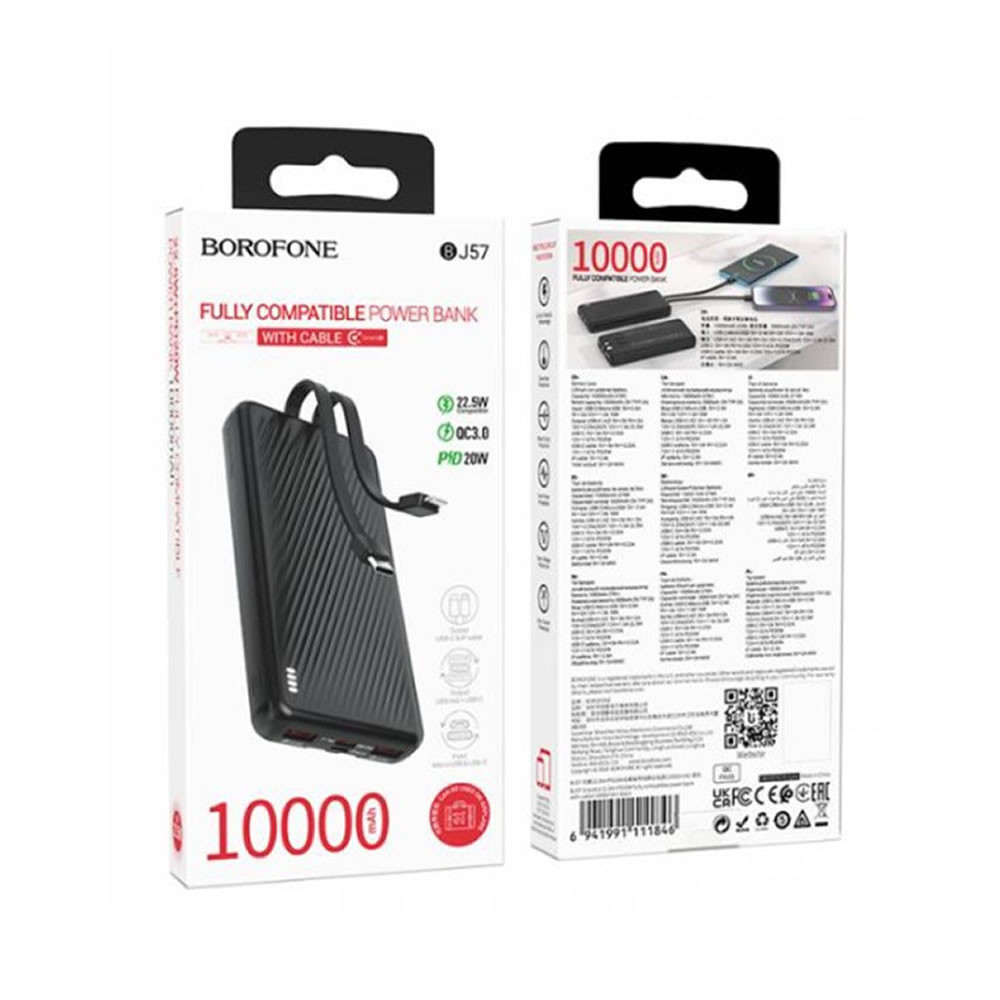 Borofone BJ57 Black 10000mAh Input Micro And Type-C/Output USB And USB-C Cables Type-C And Lightning Power Bank
