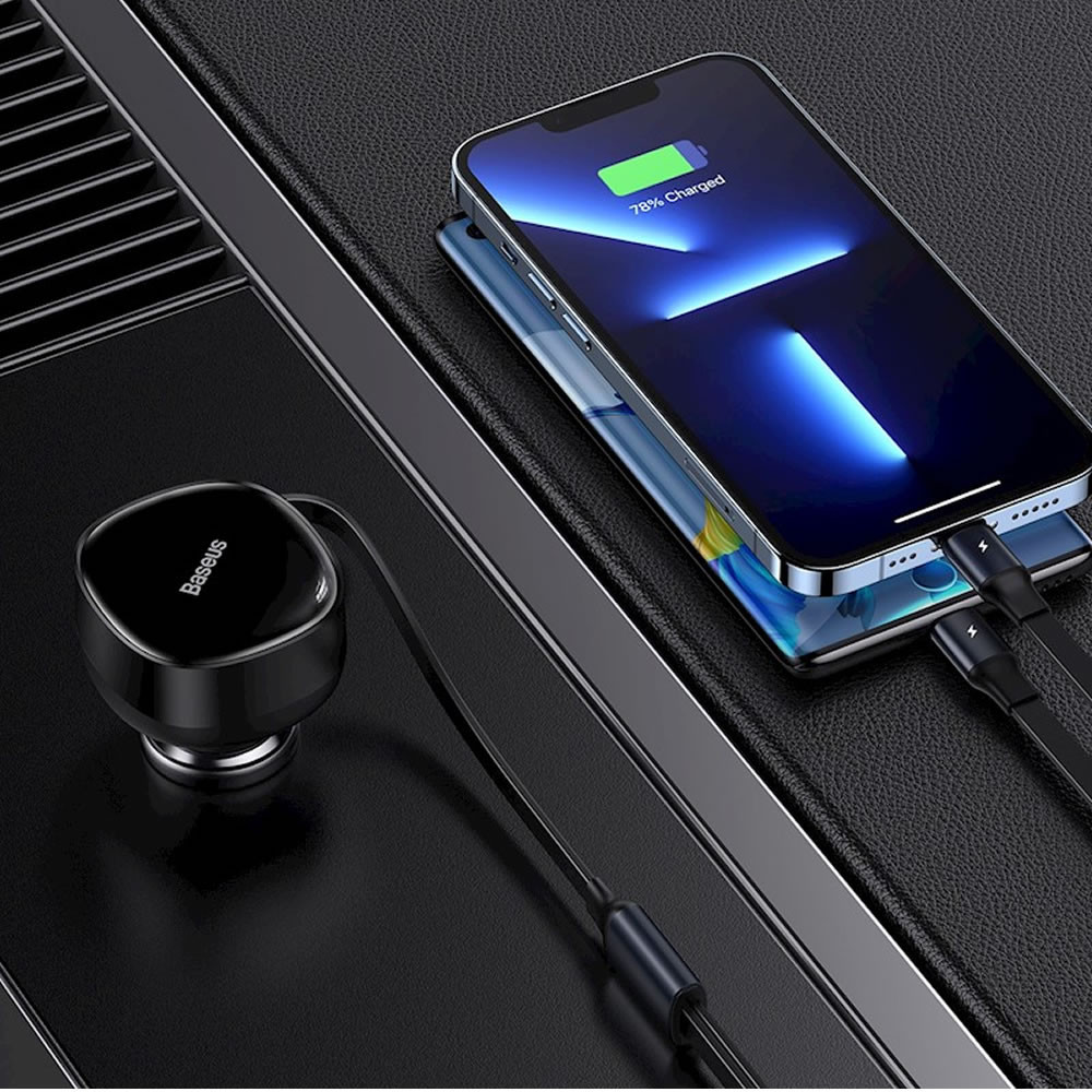 Baseus CGTX000001 Black 30W Car Charger With Retractable USB-C And Lightning Cable