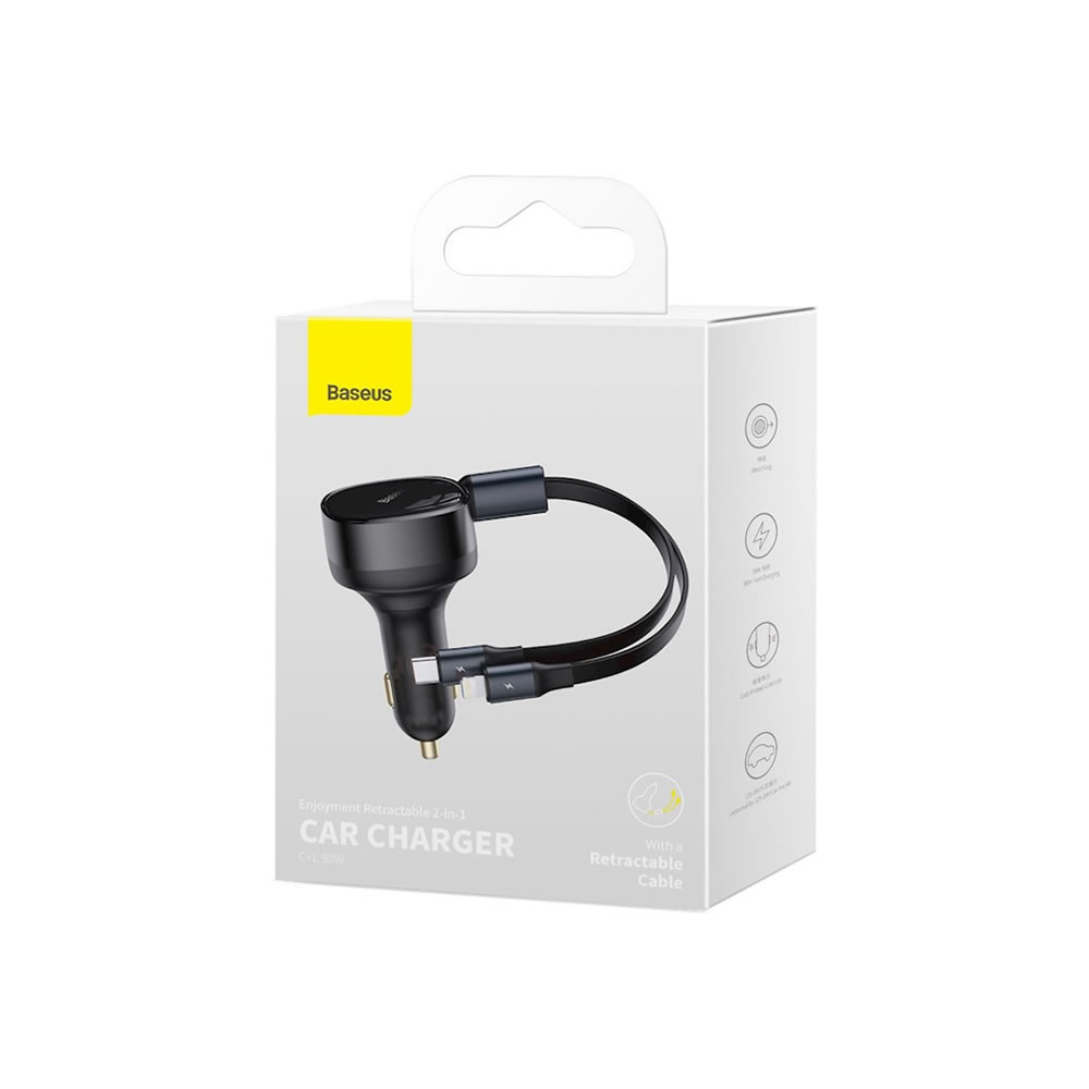 Baseus CGTX000001 Black 30W Car Charger With Retractable USB-C And Lightning Cable