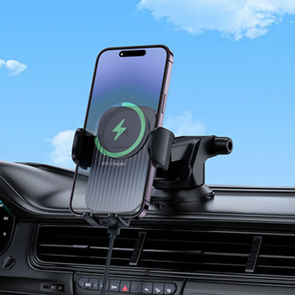 Suporte Com Carregador Borofone Bh222 Preto 15w Wireless Para Para-Brisas