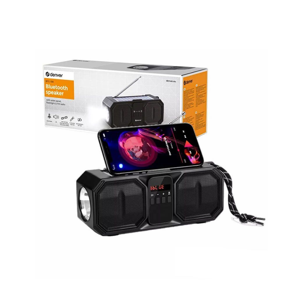 Coluna Bluetooth Denver BTG-158 Preto Com Painel Solar E Lanterna