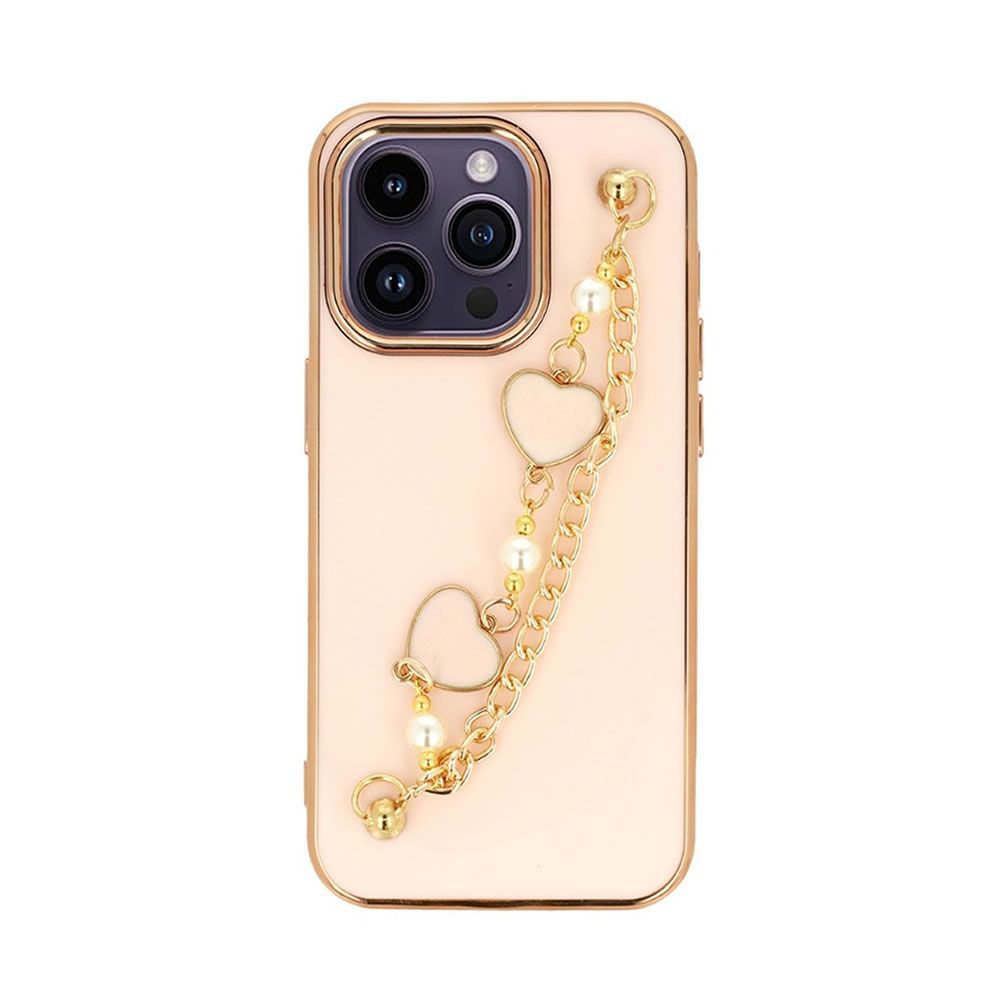 Apple iPhone 14 Pro Pink Silicone Gel Case With Chain Design 3