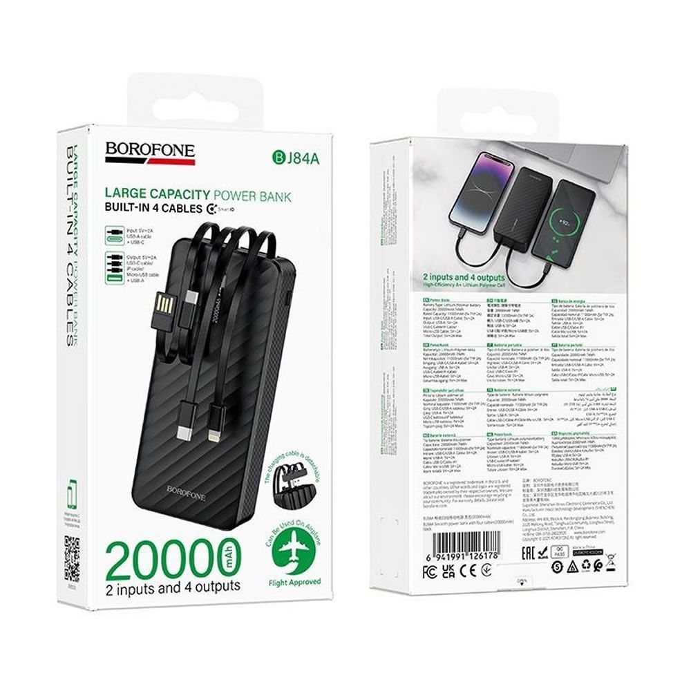 Borofone BJ84A Black 20000mAh Power Bank With Cable USB-A/USB-C/Micro USB And Lightning