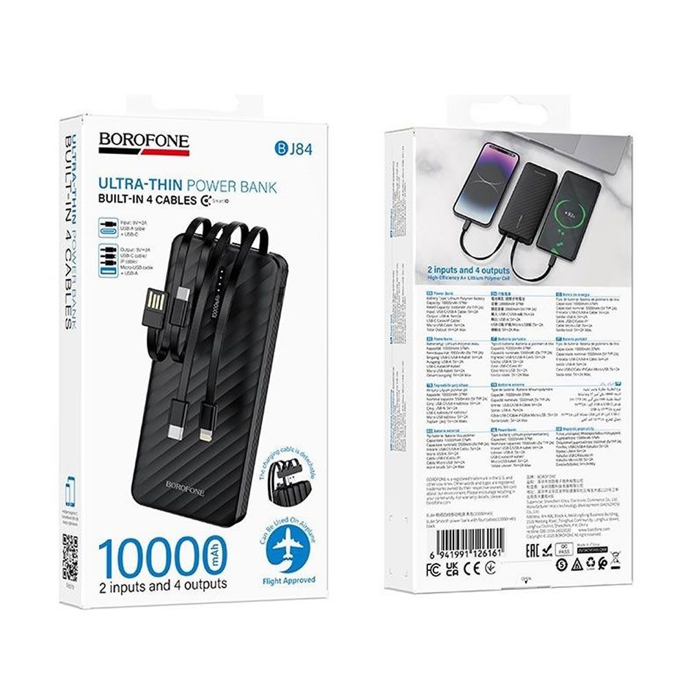 Borofone BJ84 Black 10000mAh Power Bank With Cable USB-A/USB-C/Micro USB And Lightning