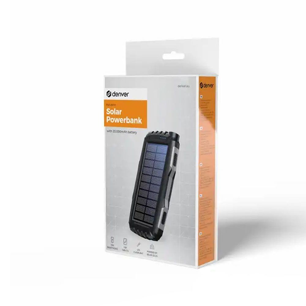 Power Bank Denver PSO-20010MK2 Preto 20000mAh 2 Output/1 Input Com Painel Solar