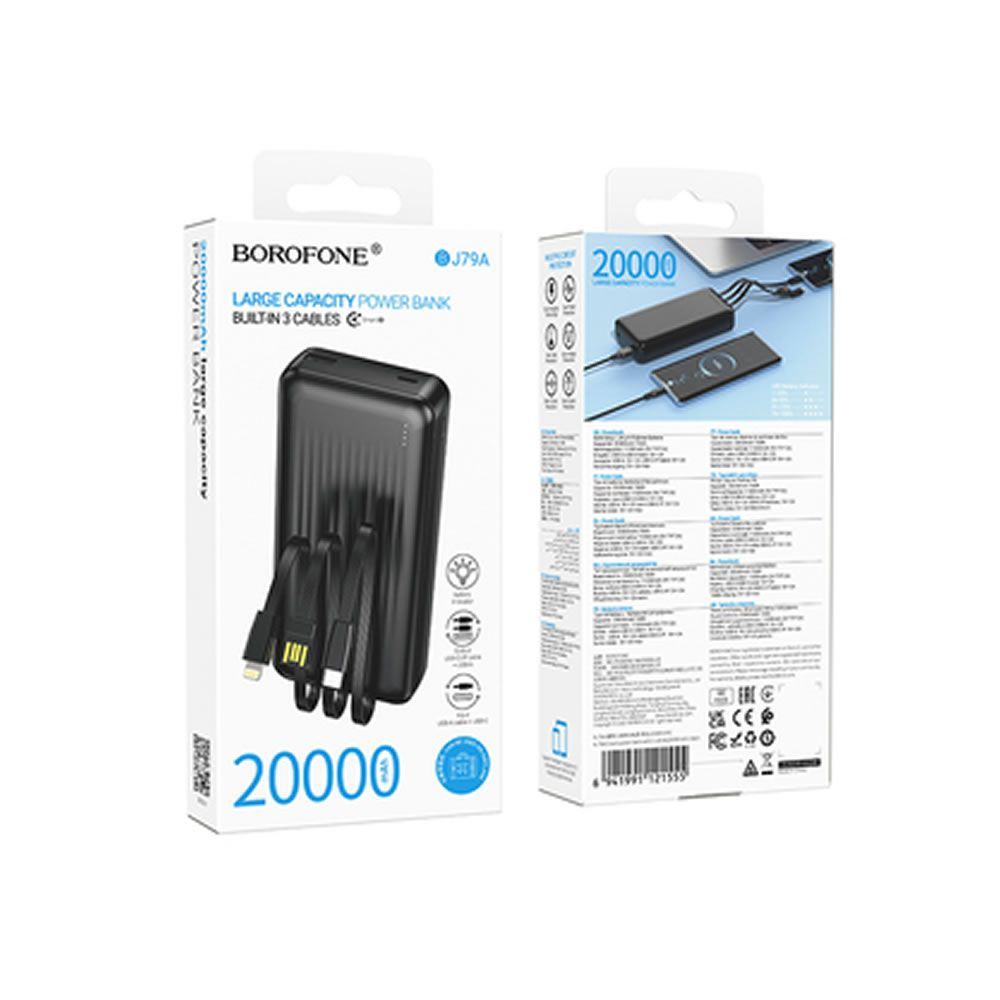 Borofone BJ79A Black 20000mAh Power Bank With USB-A/USB-C And Lightning Cable