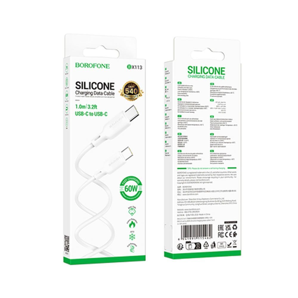 Cabo De Dados USB Tipo C Para Tipo C Borofone BX113 Branco 60W 3A 1m