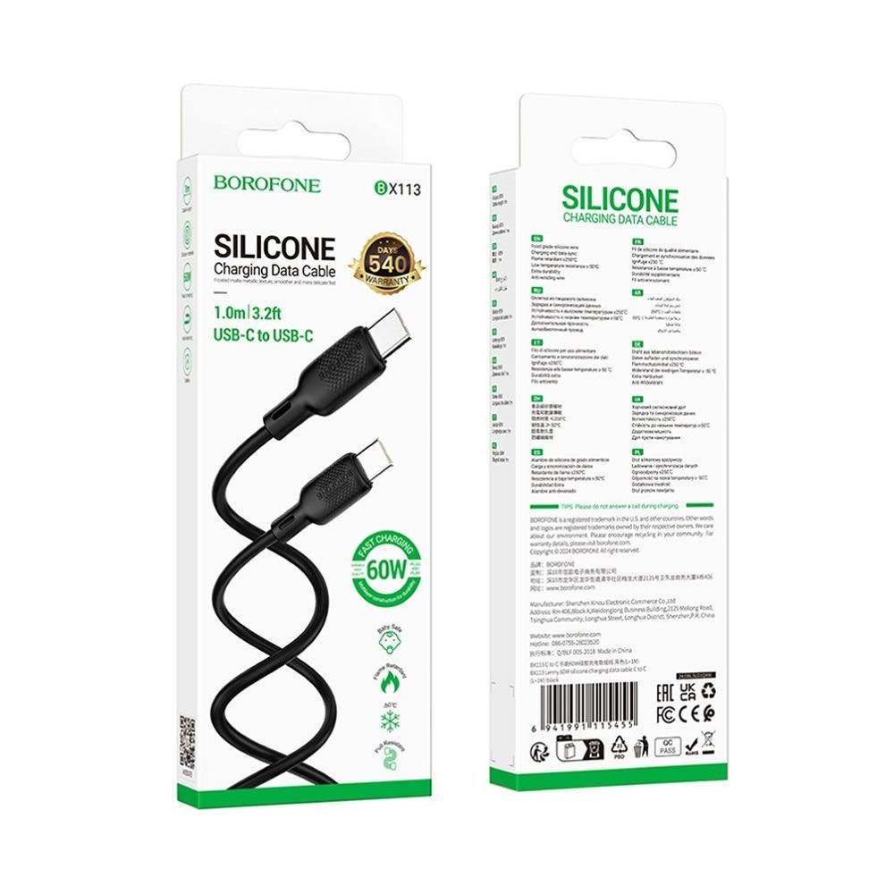Cabo De Dados USB Tipo C Para Tipo C Borofone BX113 Branco 60W 3A 1m