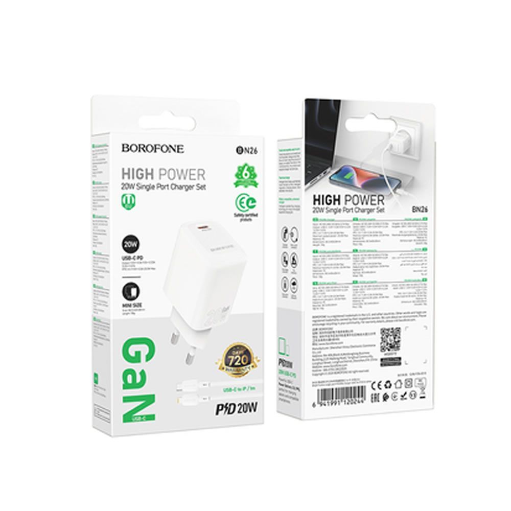 Borofone BN26 White 240V Charger 20W 3.0A USB-C To Lightning