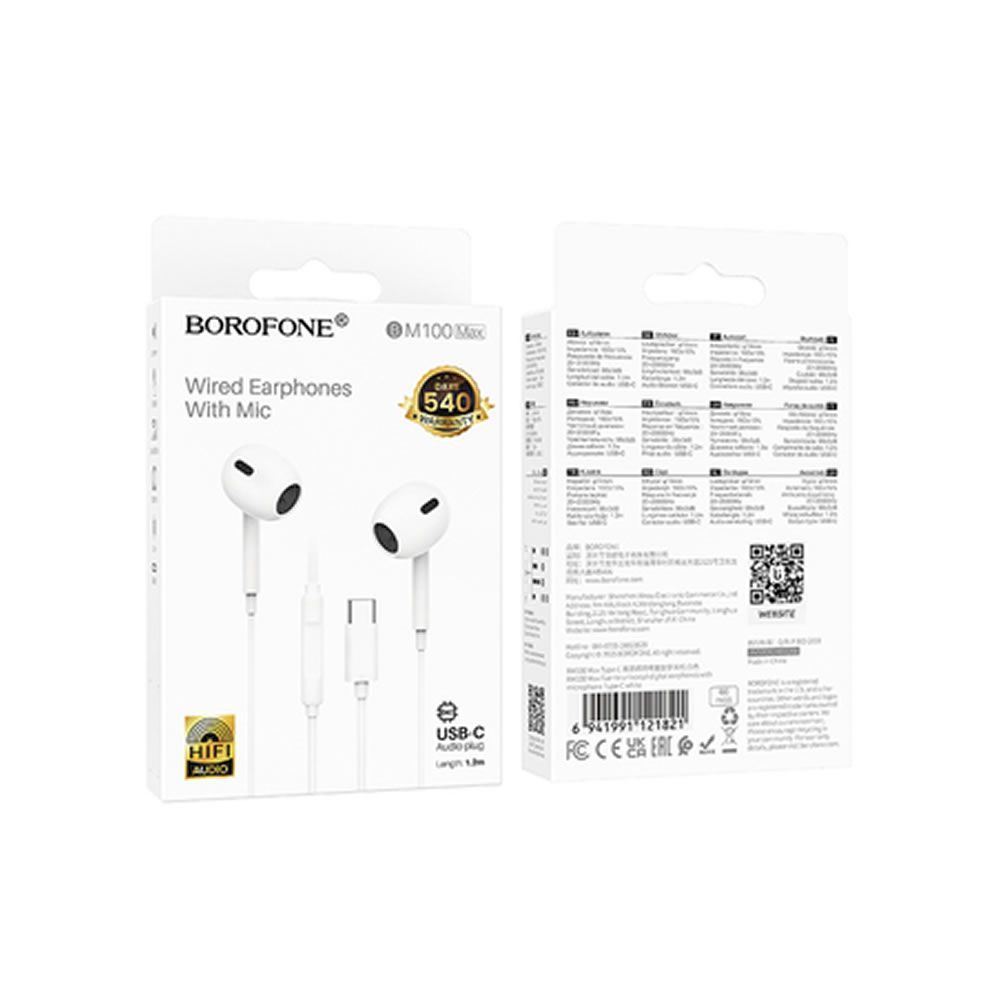 Borofone BM100 Max White Headphones 1.2m Type-C With Microphone