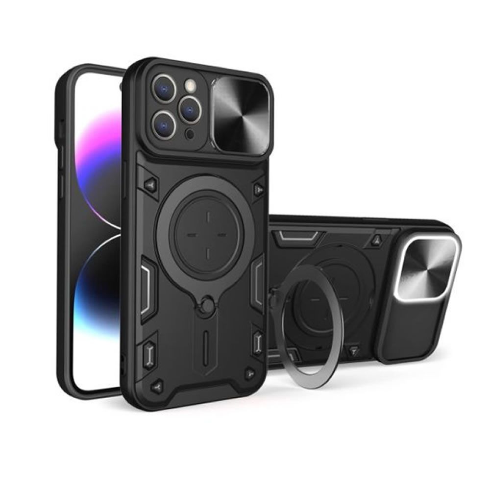 Capa Silicone Tpu+Suporte Apple Iphone 17 Pro Max Preto Com Protetor De Câmera